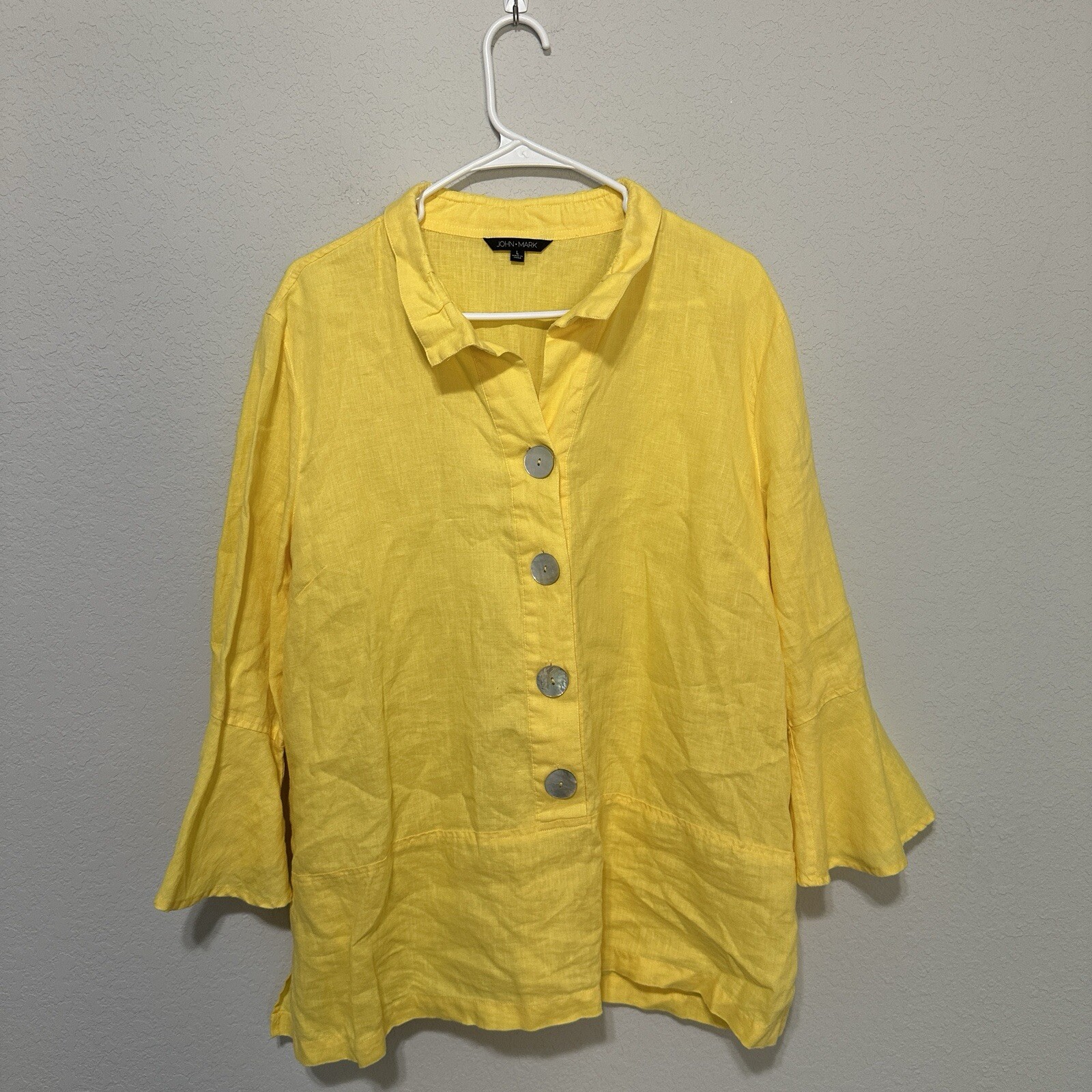 John Mark Yellow Button Front Tunic Top Womens Size Large 100% Linen Airy
