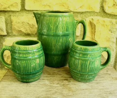 Vintage 1920's MCCOY Green Stoneware Barrel 2 Mugs & Pitcher  Tankard Set No 4