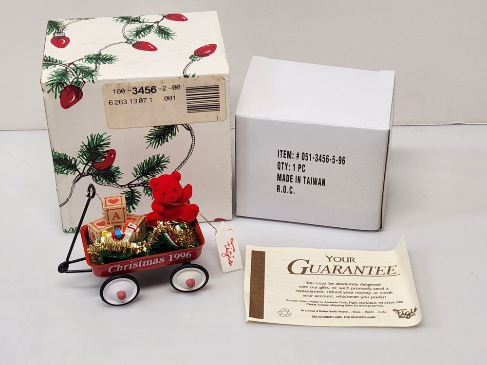 Vintage 1996 Figi's Metal Red Wagon w/ Toys Flocked Bear Christmas Ornament