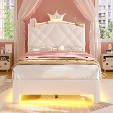 Twin Bed Frame with LED Lights, Princess Upholstered Bed with Openable Headboard