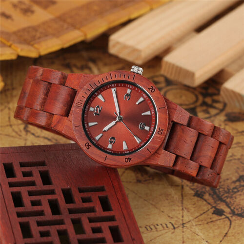 Lässige rote Sandelholz Holzuhr Quarzuhren für Herren Vollholz Armband - Bild 3 von 9
