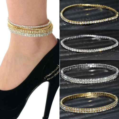 Elasticated Anklet – 2 Rows Of Diamante Rhinestones, Silver, Stretchy Chain