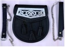 Embossed Leather Sporran With Chrome Plate 3 Tassels Scottish Sporran