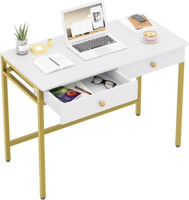 Stylish White & Gold Computer Desk with Drawers for Home Office & Gaming