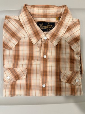 Howler Brothers Men's XL Brown/White Plaid Short Sleeve Button-Up Pockets