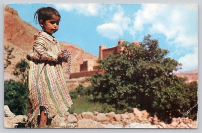 Postcard Northern Africa Child Fortress Mountains 1950s Vtg Linen View