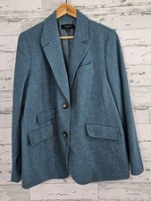 Talbots Womens 14W Wool Blend Tweed Blazer Heather Teal Blue Tailored