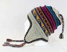 Soft Baby Alpaca Reversible Chullo Beanie White Green Unisex Colorful Boho Peru