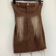 PrettyLittleThing Women's Petite Brown Denim Mini Dress UK 6 Raw Hem Exposed Zip