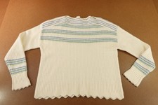 Talbots Womens Petite Large White Green Striped Scallop Hem Boat Neck Sweater