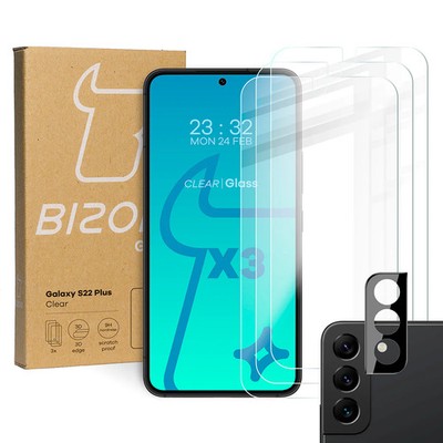 Gehärtetes Glas Bizon - 3 Stück + Kameraschutz für Galaxy S22 Plus Hartglas
