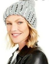 DKNY Flat-Stud Metallic Rib-Knit Beanie, Silver/ Gray