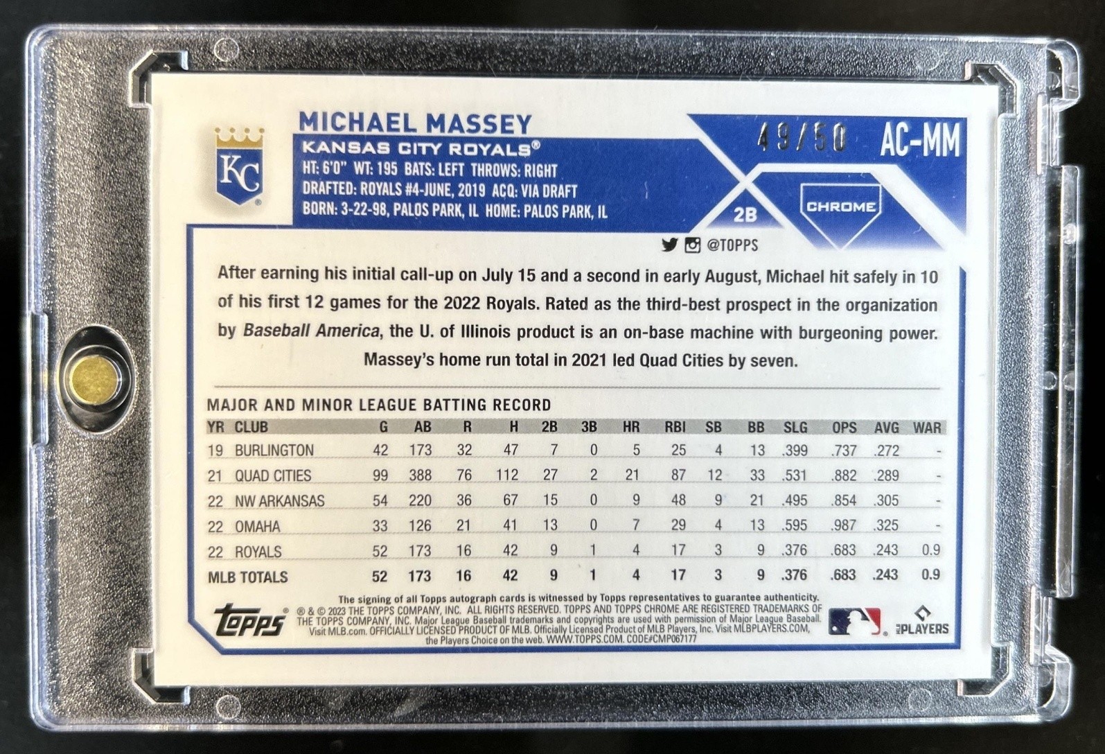 2023 Topps Chrome Update Michael Massey Auto RC Gold Refractor #/50 Royals view 2