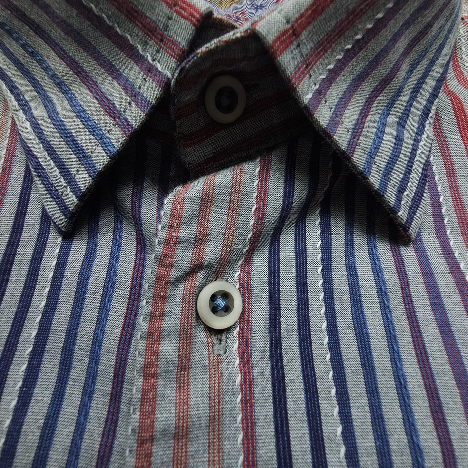 Camisa Luchiano Visconti Hombres XL Gris Rojo Azul Pin Rayas Informal Puño Abatible Oficina Foto 2 de 4