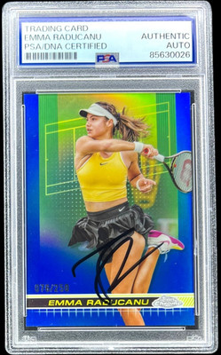 EMMA RADUCANU SIGNED 2024 TOPPS CHROME #198 BLUE REFRACTOR /250 AUTO PSA/DNA