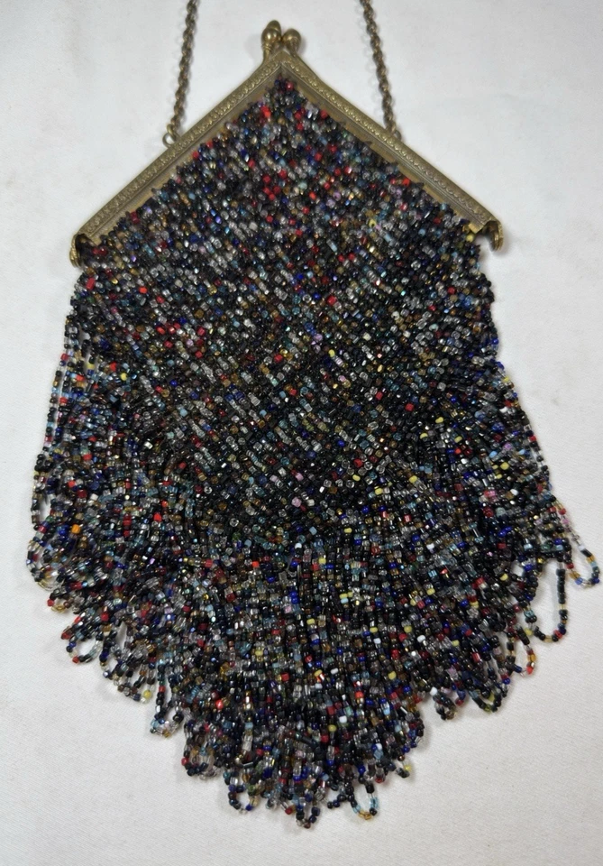 Antique Victorian Edwardian Glass Bead Purse - Confetti Multi-Colored w/ Fringe - Image 2 of 4