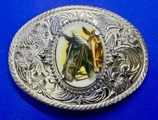 Two Horse Head Picture Cameo Cabochon Equestrian Western Cowboy Oval Belt Buckle