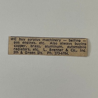 L Brenner & Co Inc Buying Copper Brass Aluminum 1972 Lebanon PA Clipping SAH5-S1