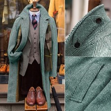 Wool Blend Herringbone Tweed Men Overcoat Long Coats Single Breasted Notch Lapel