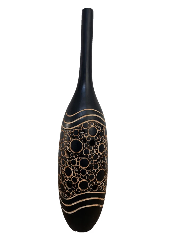 Jarrón de piso circular tallado a mano alto estilo torre y tajo vintage decoración del hogar negro Foto 2 de 4