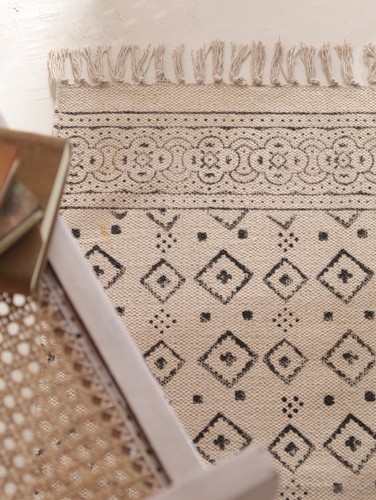 Farmhouse Cotton Area Rug Handmade Tribal Floral Border Block Print Floor Carpet - Picture 5 of 7
