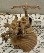 Vintage Hand-Made Sea Shell Fishing frogs In Boat.  Very Old