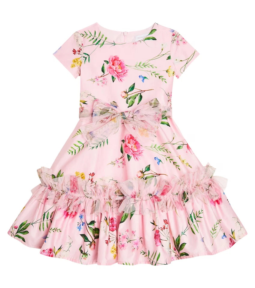 Monnalisa Girl's 10 Floral Cotton Dress Ruffle Tulle Pink Fairytale Cap Sleeve - Image 3 of 4
