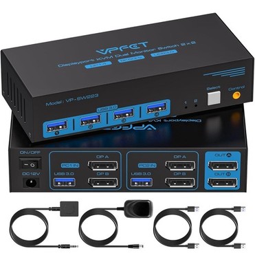 8K@60Hz Displayport  KVM Switch 2 Monitors 2 Computers Display Port 4K@120Hz...