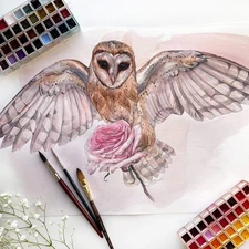 Original Watercolor Mia the Owl 14x20 Painting Unique Artwork Wall Art