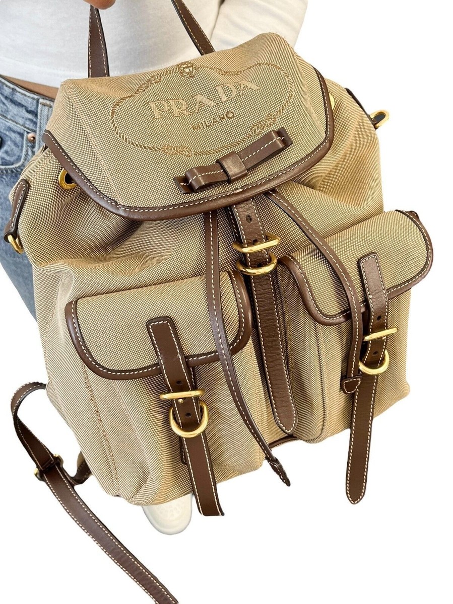 【PRADA】ヴィンテージ リュック バックパック PRADA Vintage Logo Jacquard Backpack Brown Gold Canvas Leather