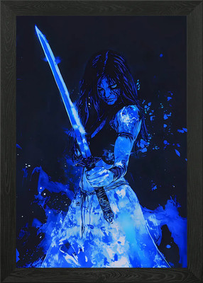Blaue Flamme Anime Dämon Krieger Mädchen gerahmtes Wandbild Poster Leinwanddruck Bild