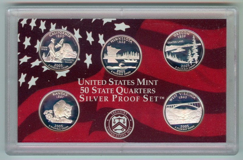 2005-S U.S. SILVER QUARTER PROOF SET - 5 COINS - ORIG. BOX & COA -BOX SHOWS WEAR
