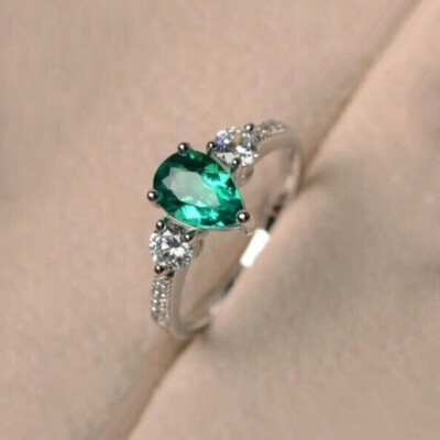 2.20 Ct Pear Cut Green Emerald Three-Stone Engagement Ring 14K White Gold Finish
