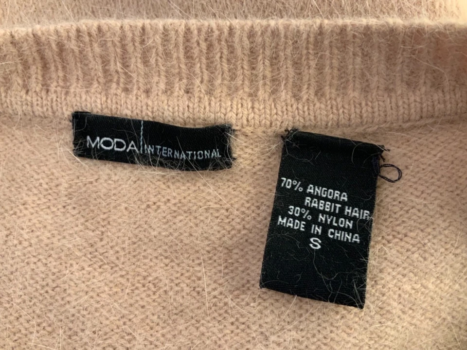 VS Moda International Dress Small 70% ANGORA Sweater Dress Puff Sleeve Beige - Image 3 of 4