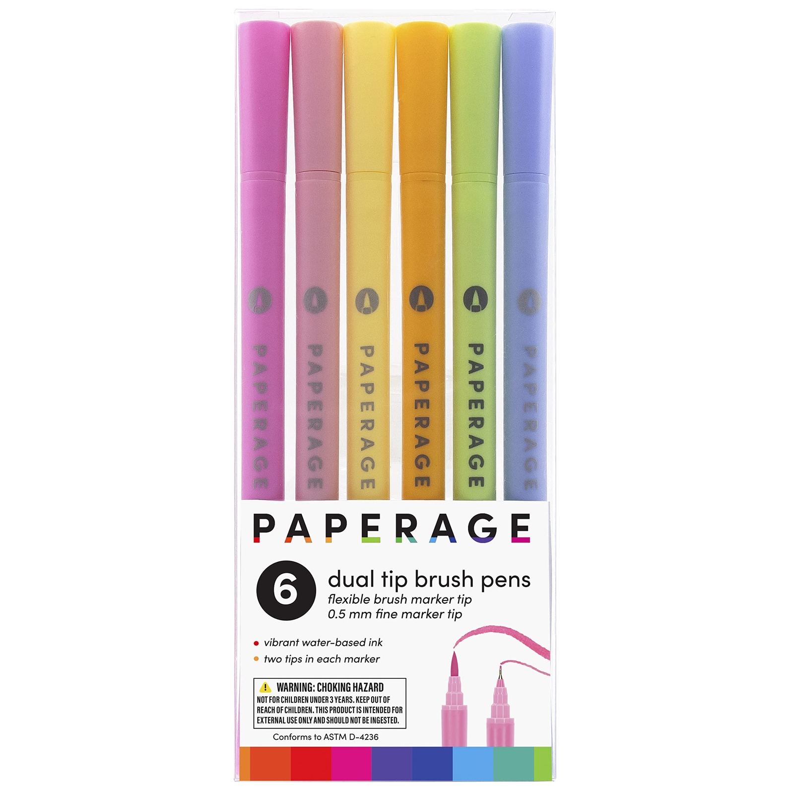 PAPERAGE Dual Tip Brush Pens (4.0mm Brush Tip + 0.5mm Fine Tip), Pastel, 6 Pa...
