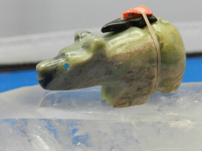 ZUNI,.BEAR W/SPIRIT BUNDLE,GREEN MULTI COLOR STONE,SIGNED,''D.L''