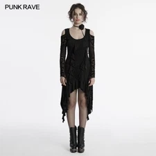 Punk Rave Women Black Gothic Punk Long Bat Mesh Sleeve Cold Shoulder Dress