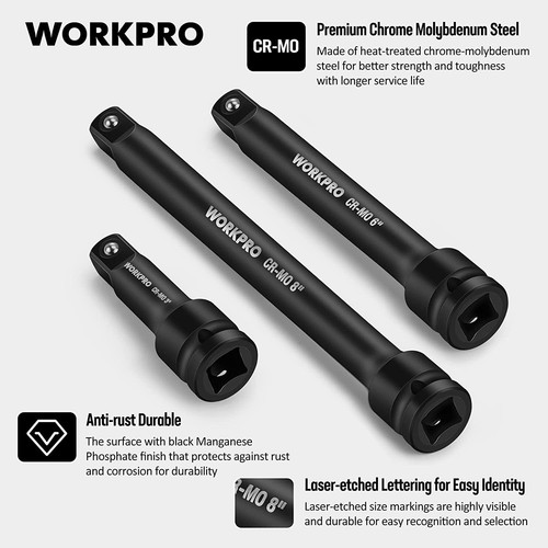 WORKPRO 3 Pieces 1/2" Drive Impact Extension Bar Set 3 6 8 Inch Socket Extension - Picture 2 of 10