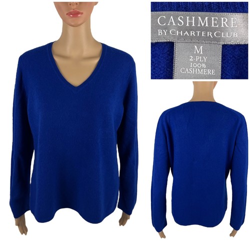 Charter Club maglione donna medio 2 strati 100% cashmere manica lunga scollo V blu
