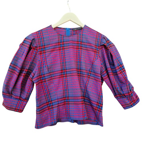 Zara Woman L Puff Sleeve Plaid Blouse Blue Red Retro Chic - Picture 4 of 14