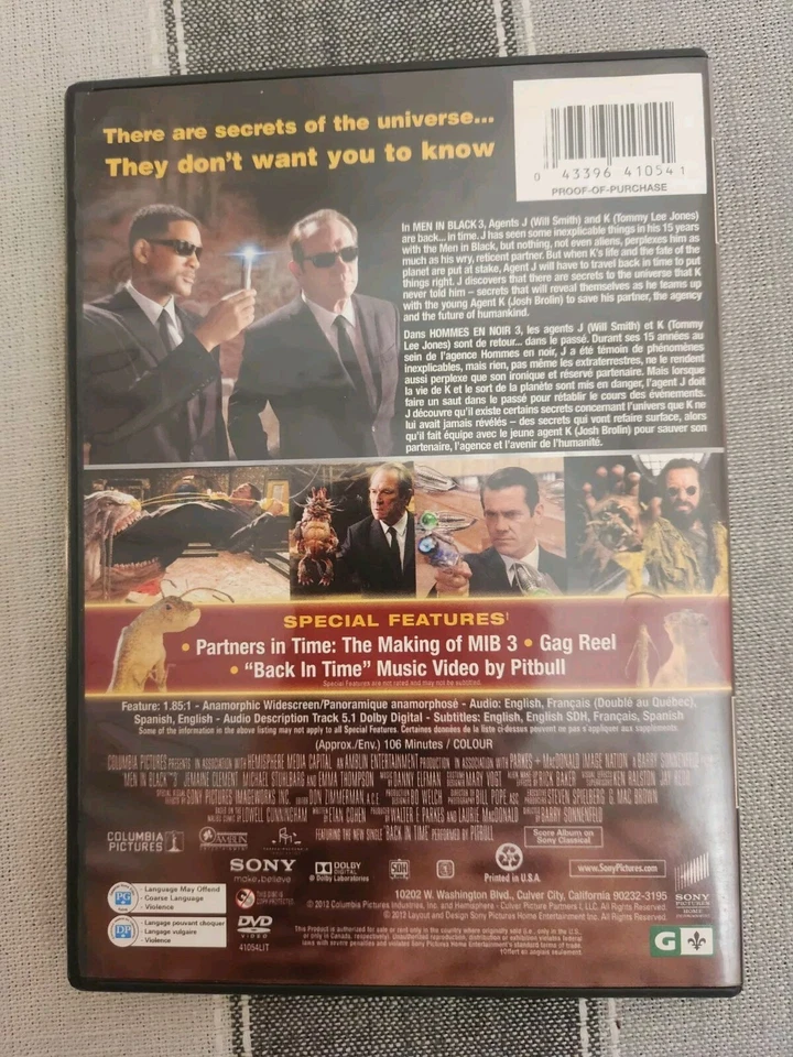 Men In Black 3  DVD 2012 Will Smith Tommy Lee Jones Josh Brolin - Image 2 of 4