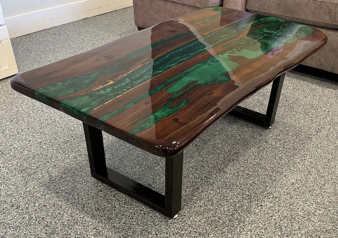 Walnut Live Edge Coffee Table, Desk with Green Epoxy Resin Table Top Decor
