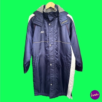 Asics Herren Vintage Longline Padded Jacket, Fleece Lined Neck & Back, Navy, UK L