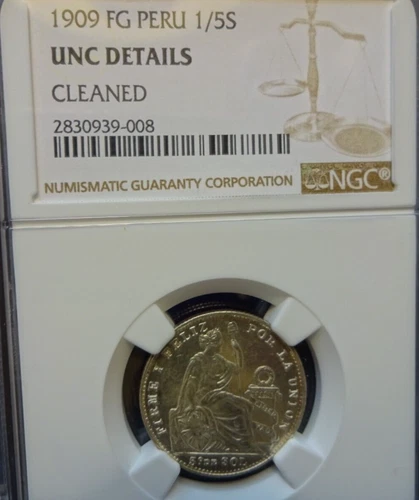 Peru 1909 FG 1/5 Sol UNC Details NGC