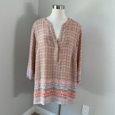 ROSE & OLIVE Womens Plus 2X Floral V Neck Tunic Top Border Print Shirt Blouse