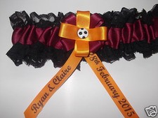 PERSONALISED FOOTBALL TEAM THEMED WEDDING GARTER BLACK / BURGUNDY  AMBER/ORANGE