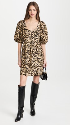 Ba&sh Sz M Beige Zola Linen Animal Print Puff Sleeves Babydoll Dress NEW W TAGS