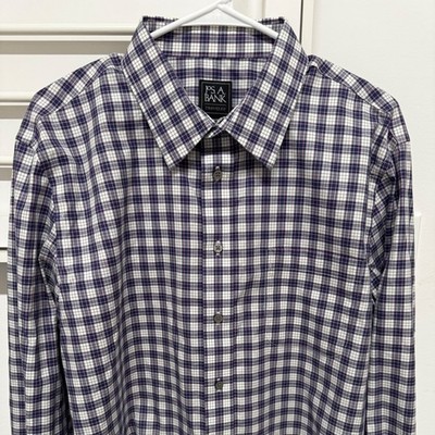 Jos A Bank Traveler Mens XL Slim Fit Plaid Button Down Shirt Navy White Cotton