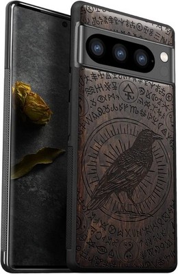 Carveit Google Pixel 8 Pro Hülle Naturholz Weich TPU The Haloed Crow Blackwood