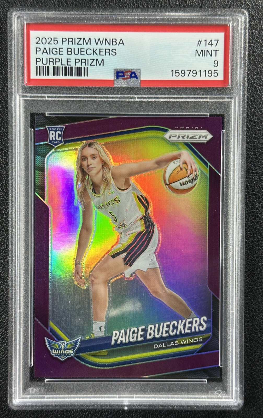 PAIGE BUECKERS PSA 9 2025 PANINI WNBA PRIZM #147 ROOKIE PURPLE RC 20/149 WINGS